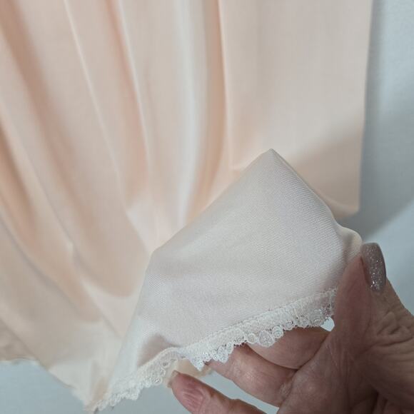 VTG Shadowline Satin Long Nightgown S Peach Sleeveless V-Neck Lace Embr Flowers - Picture 4 of 13